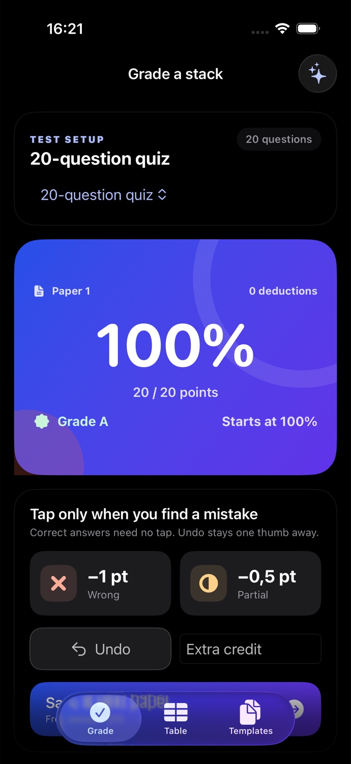 GradCal grading screen in dark mode