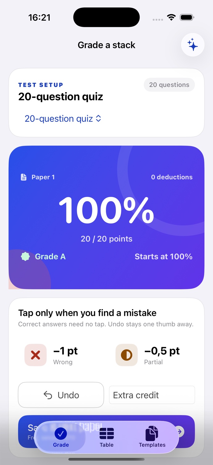 GradCal showing a 100 percent paper and one-tap grading controls