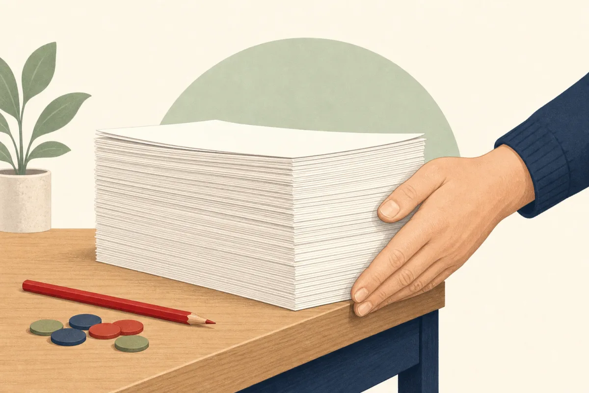 A hand aligns a neat stack of blank assessment papers beside a pencil and scoring counters.