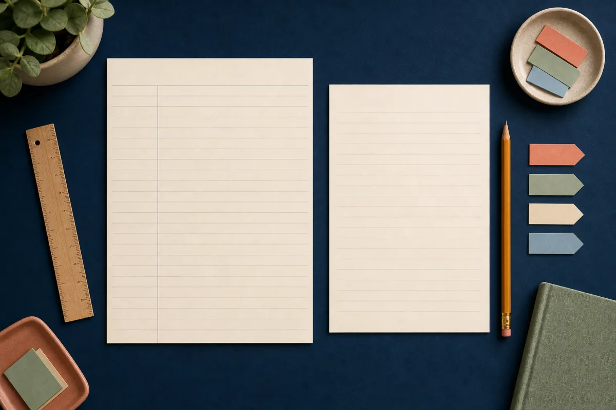 Blank grading materials, a pencil, ruler, and colored tabs arranged before marking begins.
