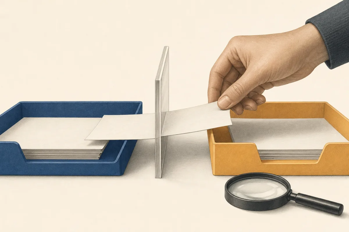 A hand pauses a blank assessment paper at a clear divider between two trays.